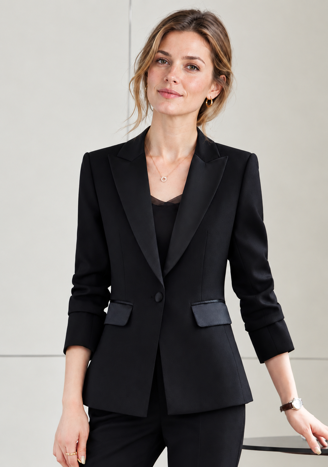 Isabelle Satin-Lapel Tailored Suit Set