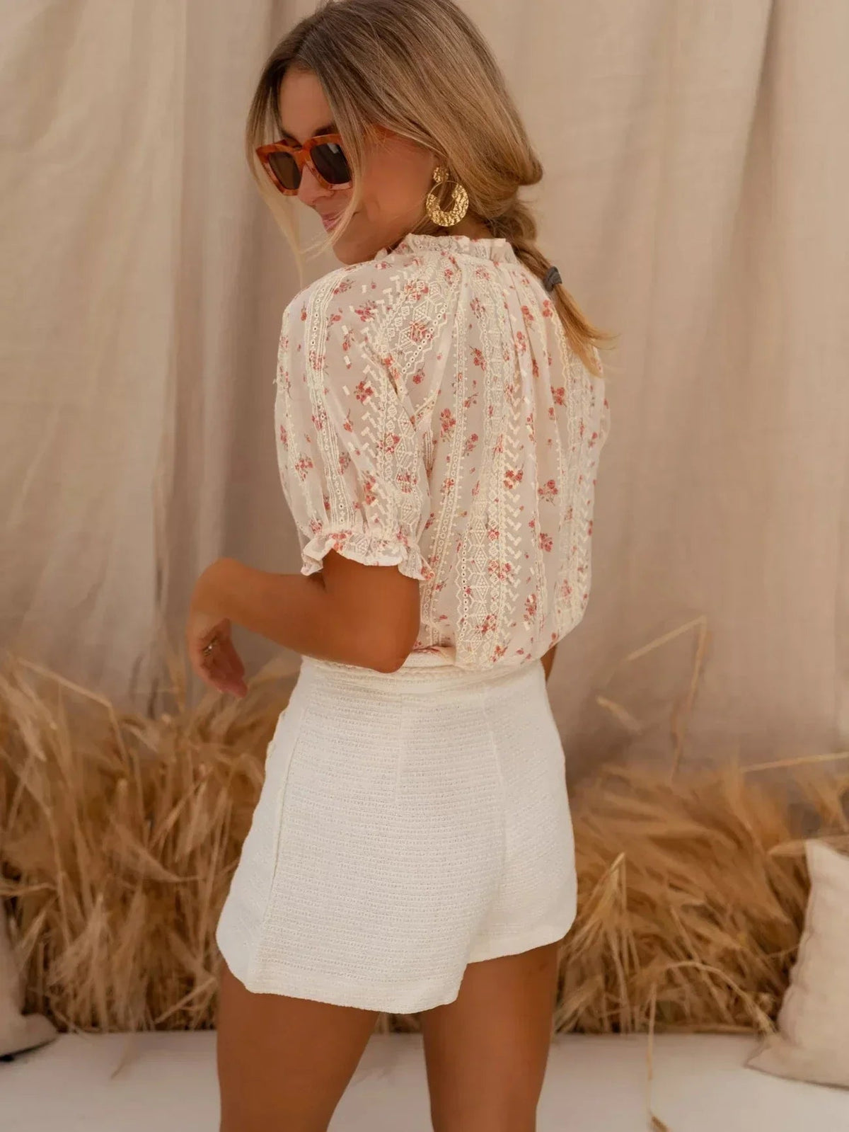 Camelia Floral Lace-Panel Blouse
