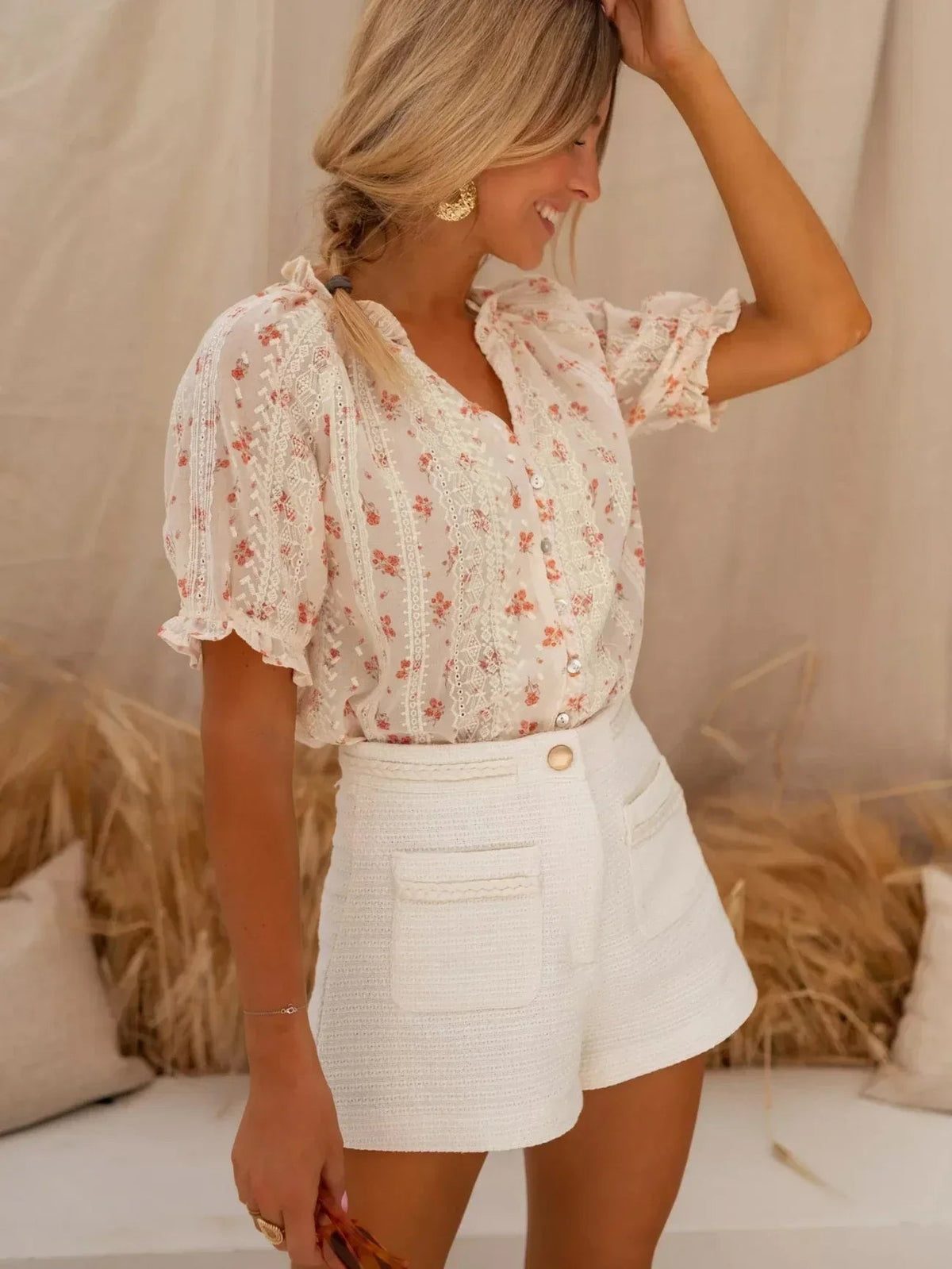 Camelia Floral Lace-Panel Blouse