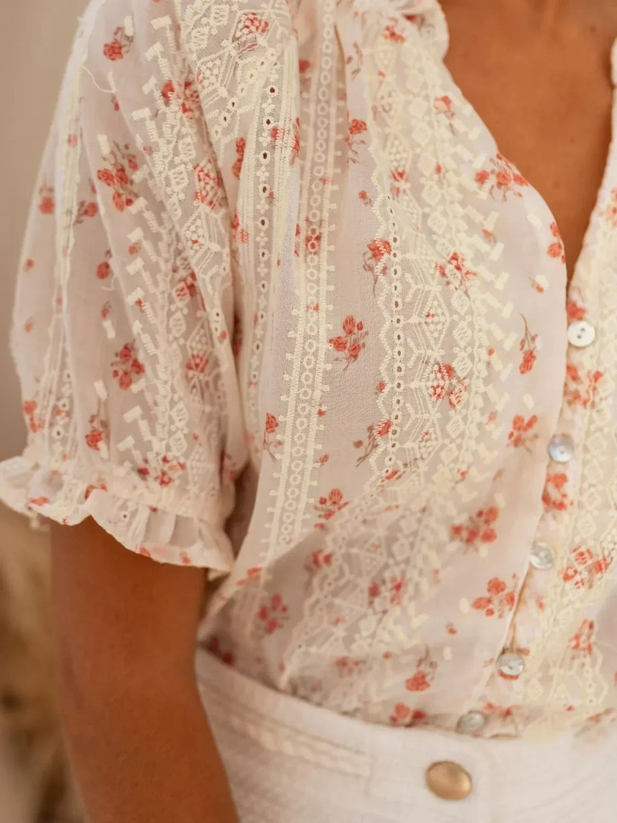 Camelia Floral Lace-Panel Blouse