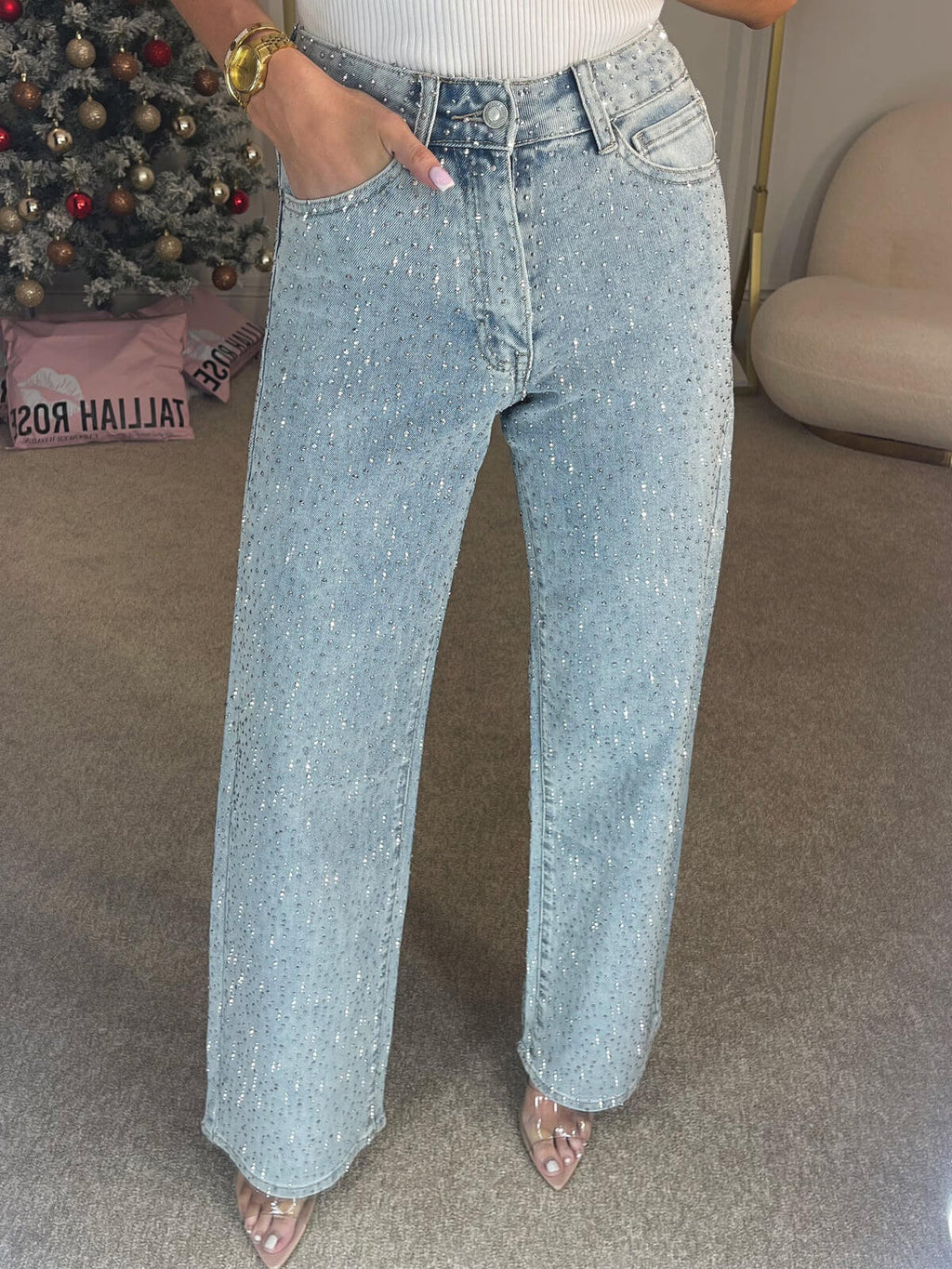 Dara Diamanté High-Waist Straight-Leg Jeans