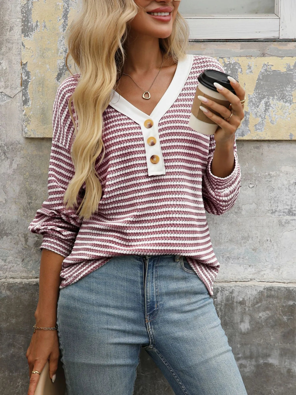 Stevie Striped V-Neck Button-Front Top