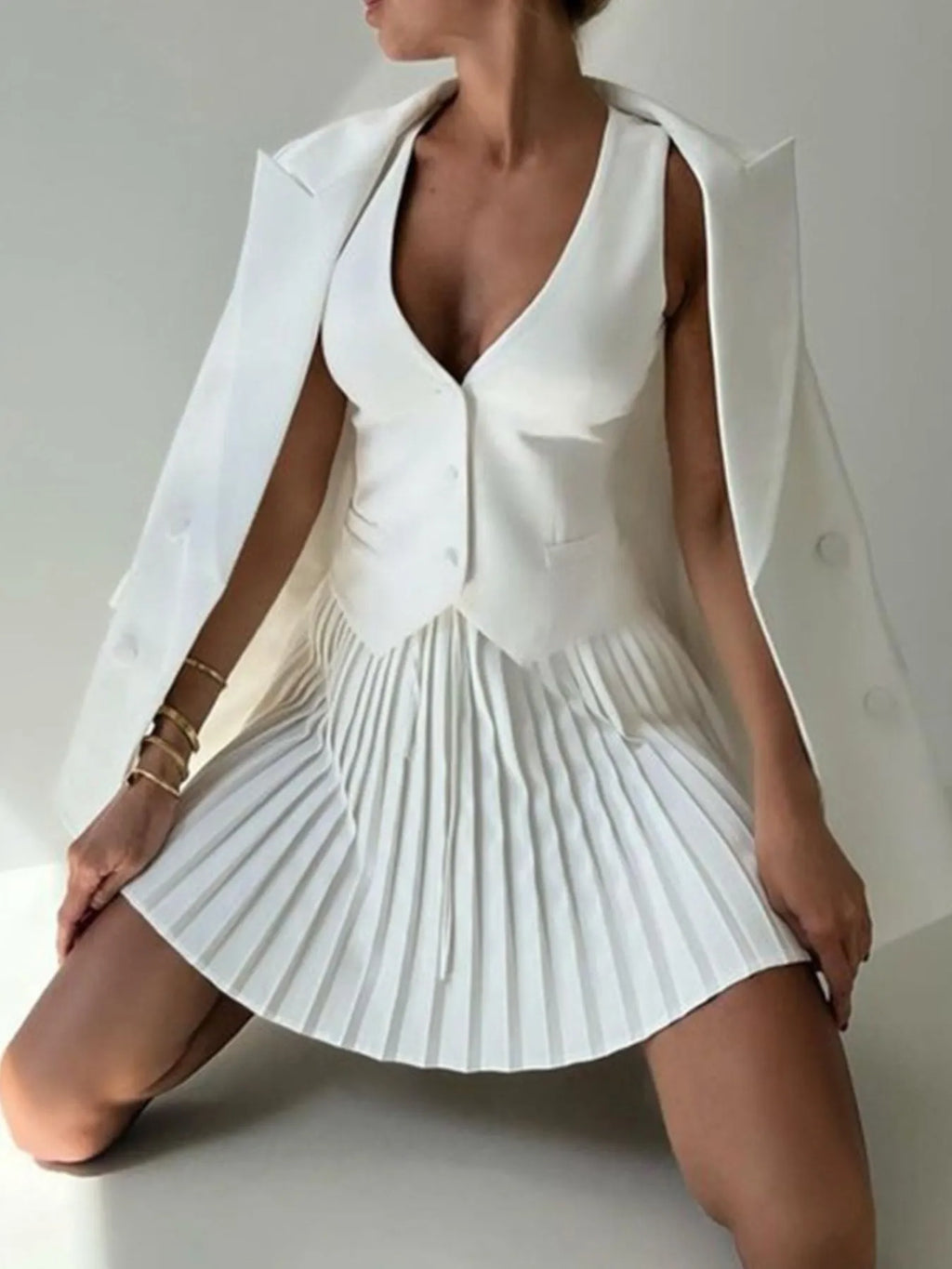 Willa Button-Vest & Pleated Mini Skirt Set