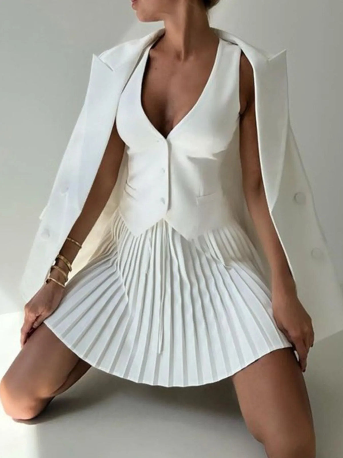 Willa Button-Vest & Pleated Mini Skirt Set