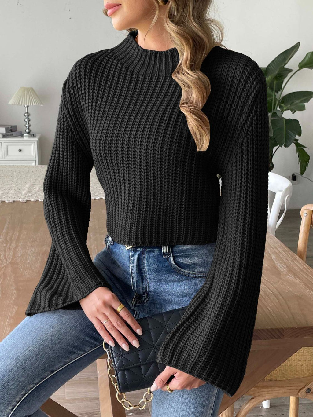 Meline Mock-Neck Fine-Knit Sweater