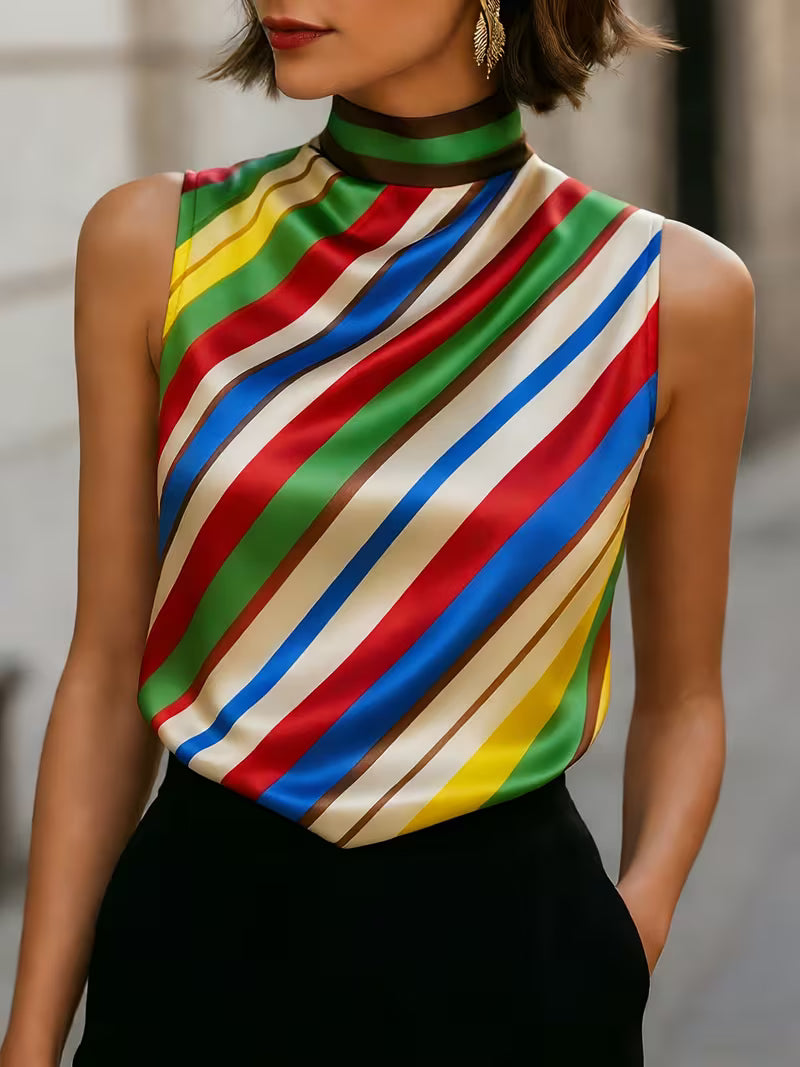Alyza Striped Satin High-Neck Top