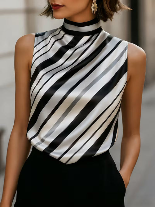 Alyza Striped Satin High-Neck Top