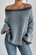 Lorene Striped Lantern-Sleeve Sweater