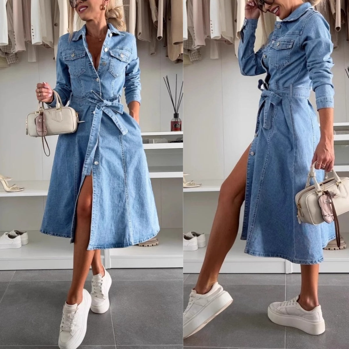 Mira Long-Sleeve Denim Maxi Dress